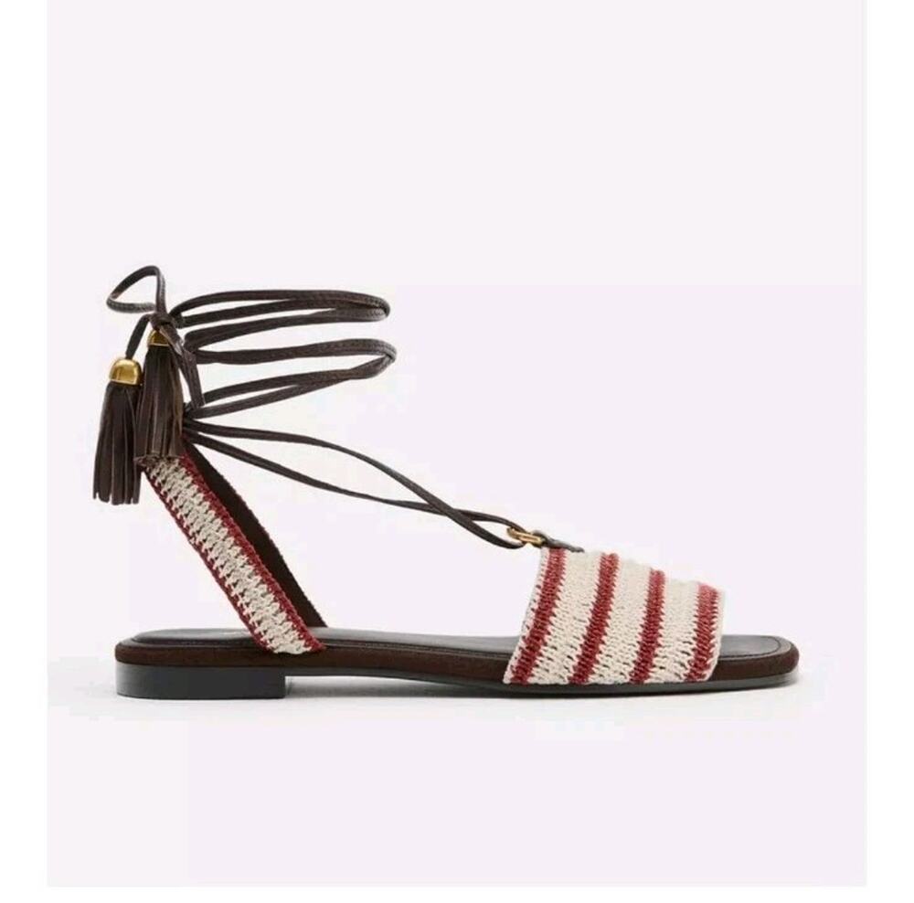 Zara Women's Striped Tie Fabric Flat Sandals Multicolor Tassel US 7.5